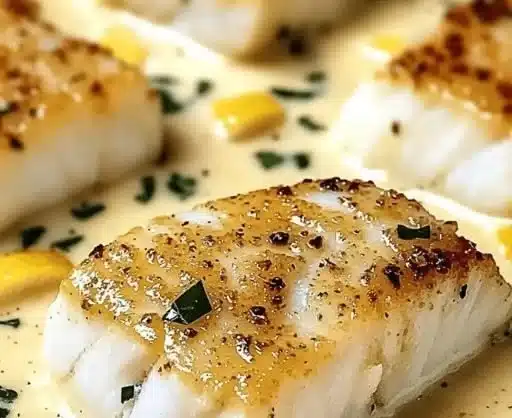 Baked cod in coconut lemon cream sauce served on a plate