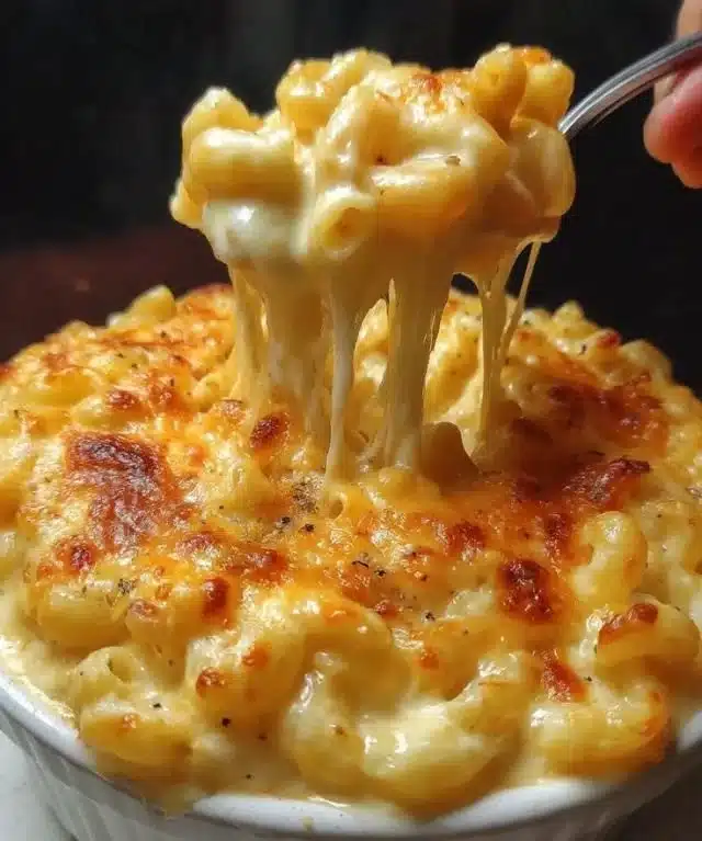 Delicious baked mac and cheese topped with golden breadcrumbs and cheese.