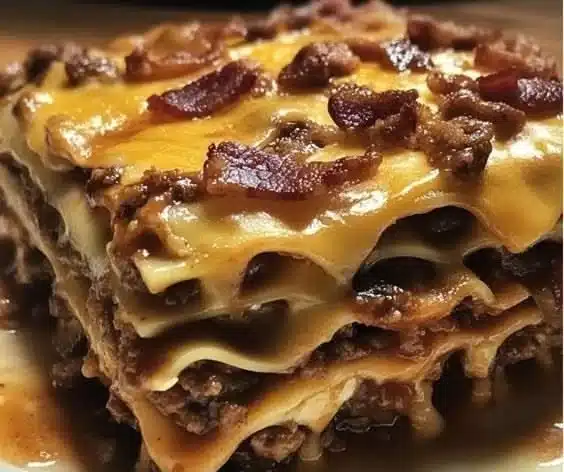 Delicious BBQ bacon cheeseburger lasagna with layers of cheeseburger flavors.