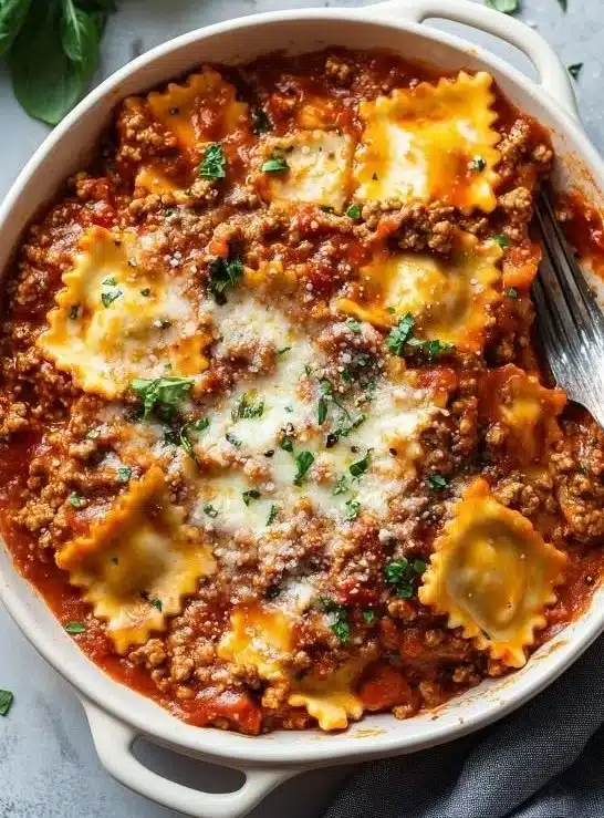 Cheesy baked ravioli casserole with marinara sauce and shredded mozzarella.