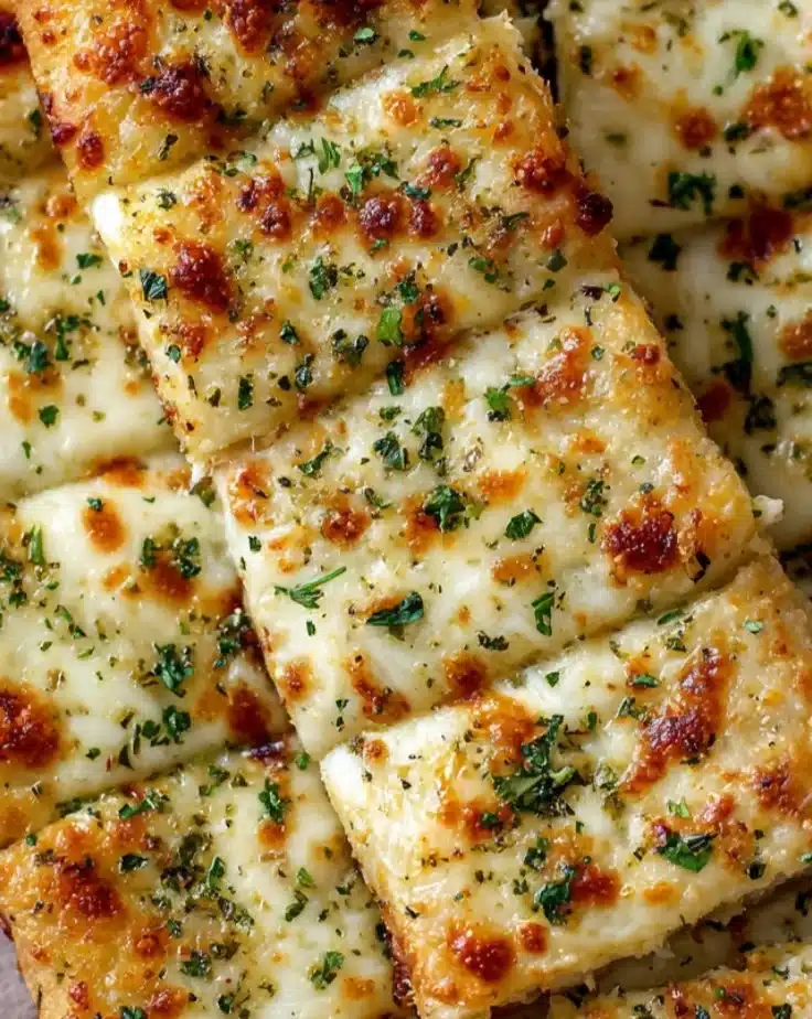 Cheesy garlic breadsticks served on a wooden platter with herbs.