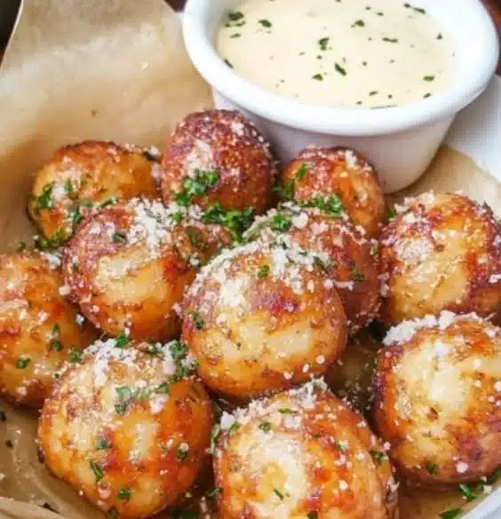 Cheesy Parmesan Garlic Potato Balls freshly cooked and garnished