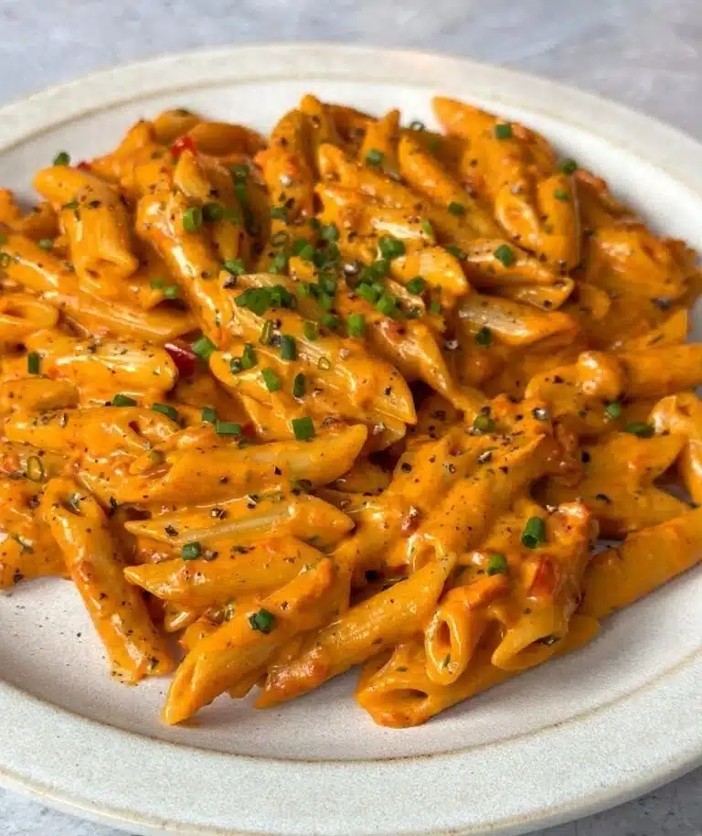 Cheesy pasta with roasted red peppers, creamy and delicious.