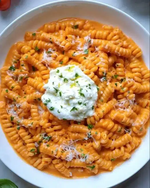 A bowl of Cherry Tomato Fusilli in Vodka Sauce garnished with fresh basil.