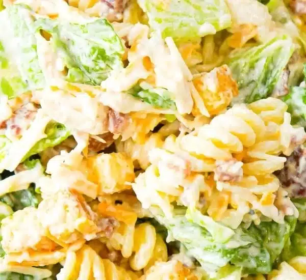 Delicious Chicken Caesar Pasta Salad with grilled chicken, pasta, and romaine.