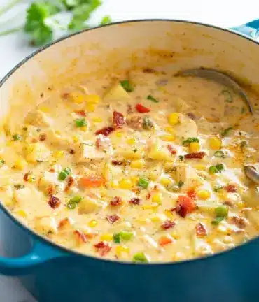 Bowl of creamy Chicken Corn Chowder topped with fresh herbs.