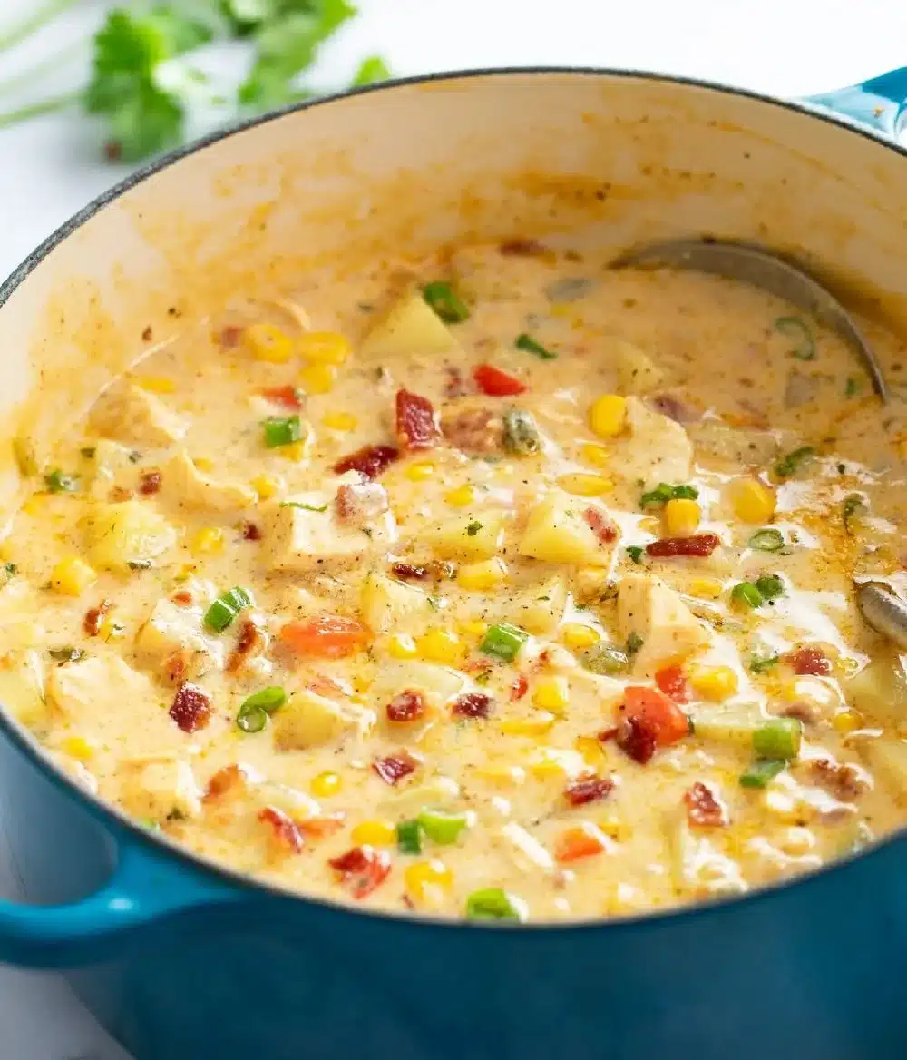 Bowl of creamy Chicken Corn Chowder topped with fresh herbs.