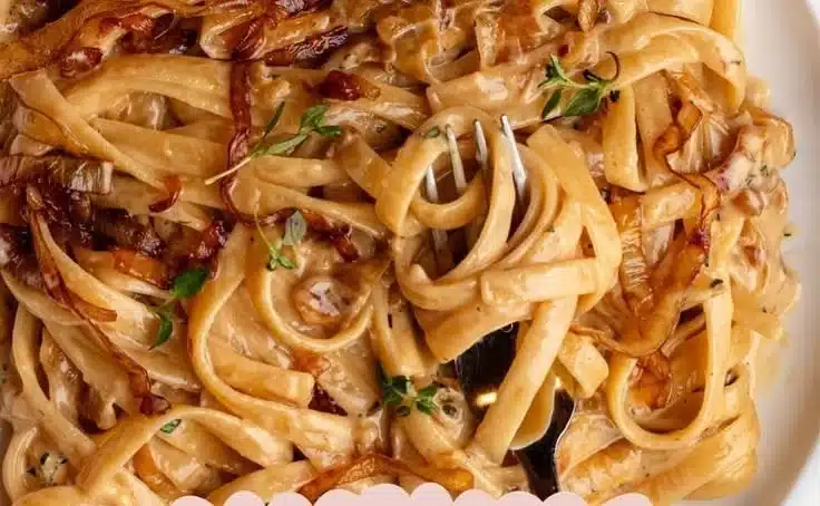 Delicious creamy caramelized onion pasta served in a bowl