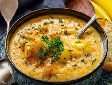 Bowl of creamy cheddar potato soup with herbs and cheese garnish
