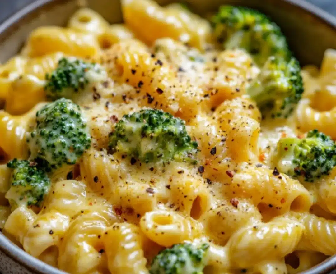 Creamy and cheesy broccoli pasta served in a white bowl on a wooden table.