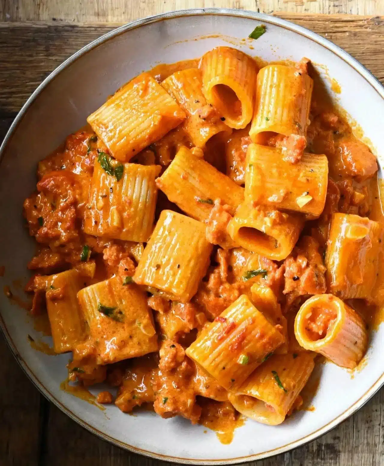 Plate of creamy chorizo pasta garnished with herbs
