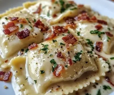 Creamy Olive Garden ravioli carbonara served with crispy pancetta and parmesan