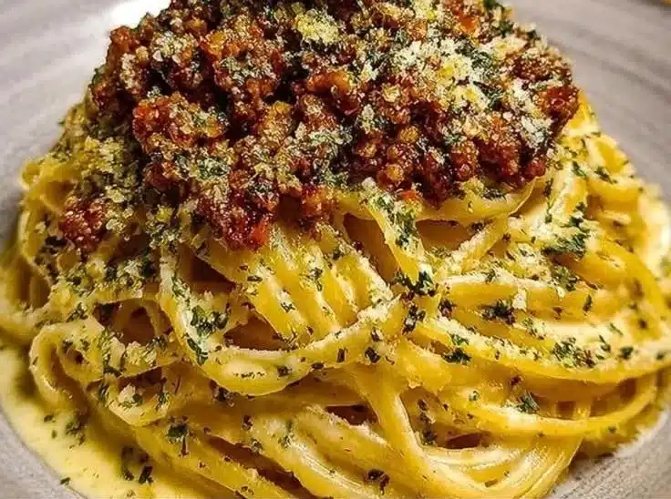 Creamy Parmesan Beef Linguine with Garlic Butter Sauce served in a bowl