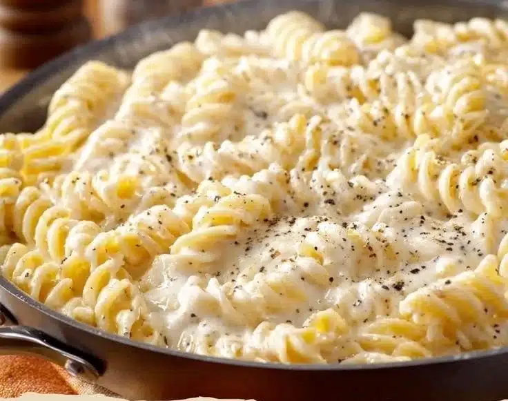 Creamy rotini pasta with black pepper sauce in a bowl