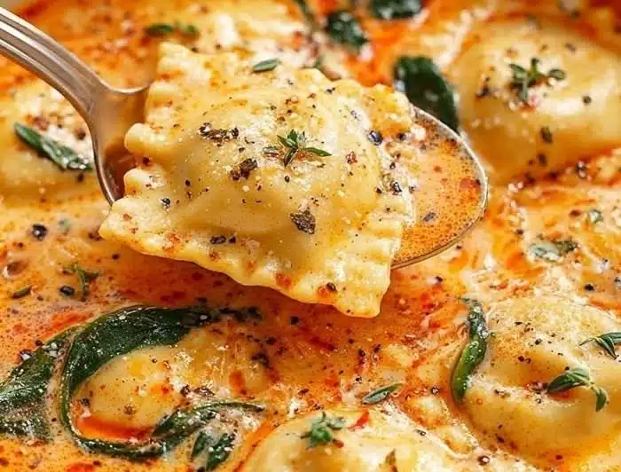 Bowl of creamy Tuscan Ravioli Soup garnished with herbs