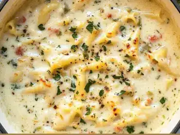 Creamy white lasagna soup garnished with cheese and herbs in a bowl