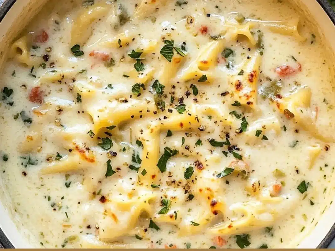 Creamy white lasagna soup garnished with cheese and herbs in a bowl