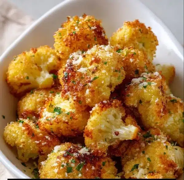 Plate of crispy Parmesan cauliflower bites served with dipping sauce