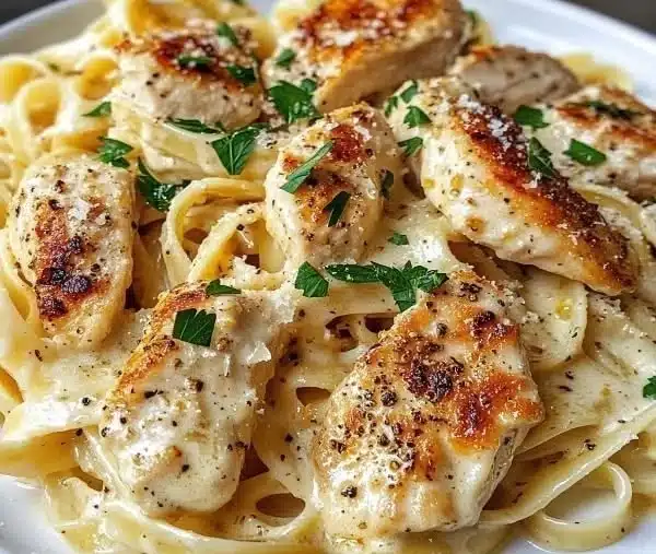 Delicious crockpot chicken pasta dish featuring butter and savory sauce.