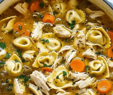 Bowl of creamy chicken tortellini soup garnished with herbs