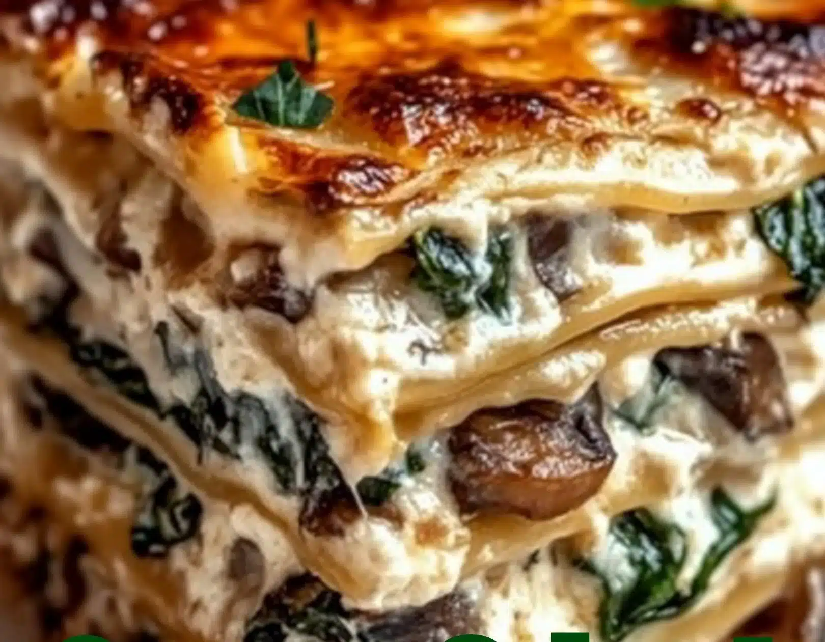Creamy spinach and mushroom lasagna freshly baked and ready to serve.