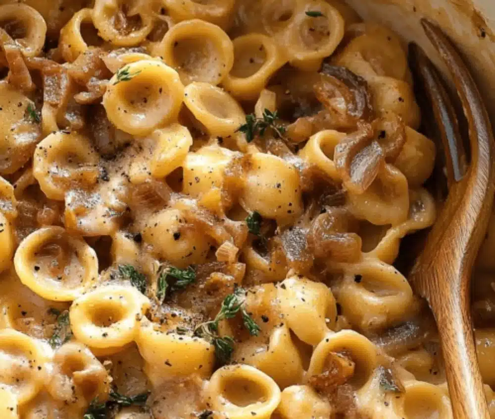 Delicious serving of easy French onion pasta topped with cheese.