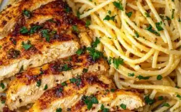 Delicious garlic butter chicken pasta recipe for two with fresh ingredients.
