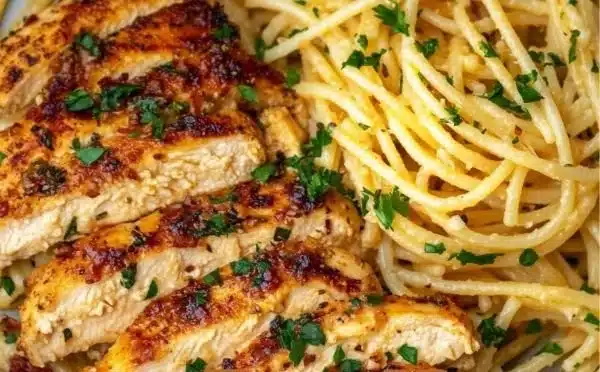 Delicious garlic butter chicken pasta recipe for two with fresh ingredients.