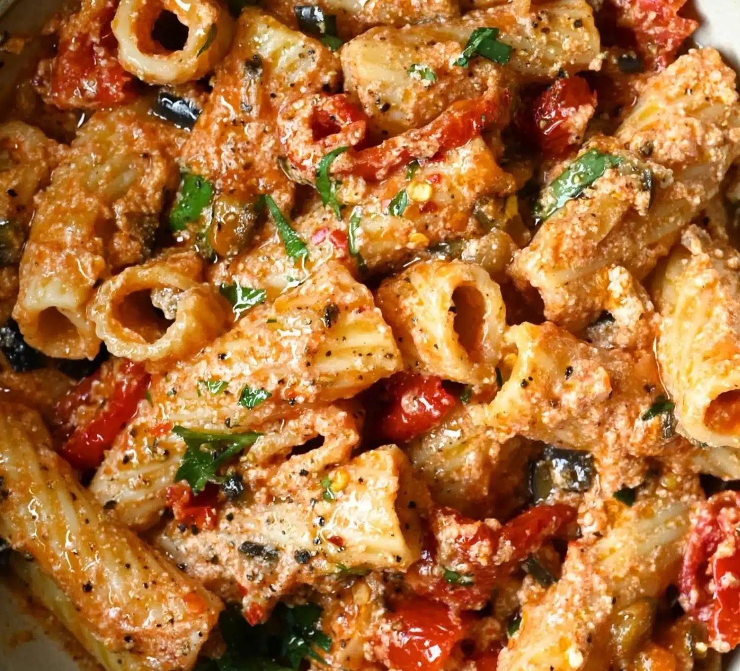 Delicious eggplant and sun-dried tomato ricotta pasta dish served in a bowl