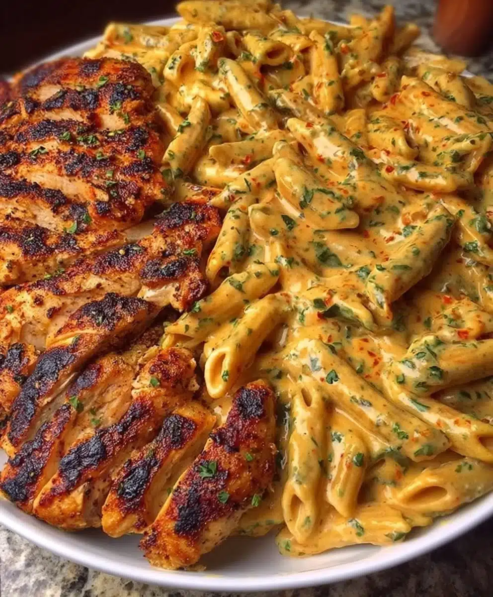 Garlic Parmesan Chicken Penne in Creamy Cajun Three-Cheese Sauce Dish