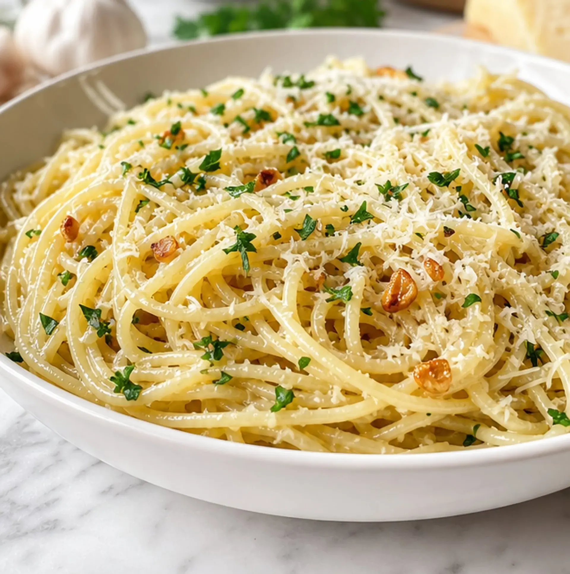 Delicious Garlic Parmesan Noodles served in a bowl on a kitchen table