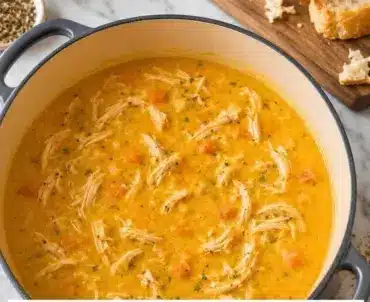 A bowl of high protein creamy pumpkin chicken soup garnished with herbs