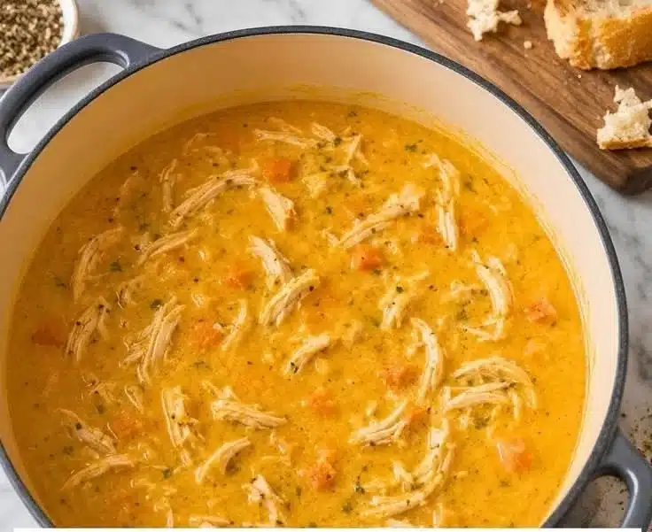 A bowl of high protein creamy pumpkin chicken soup garnished with herbs
