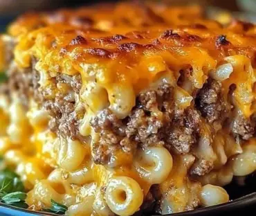 Baked Mac and Cheese Meatloaf Casserole served in a dish