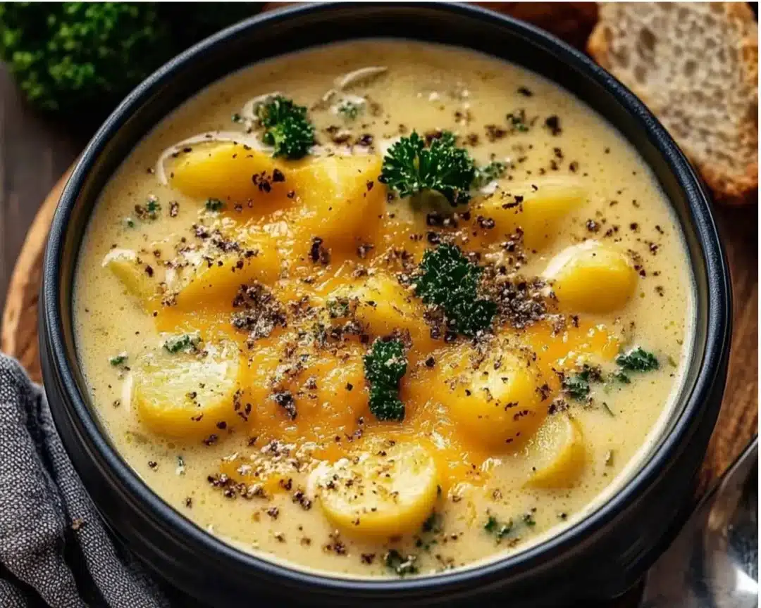 Bowl of creamy cheddar garlic potato soup topped with fresh herbs and cheese