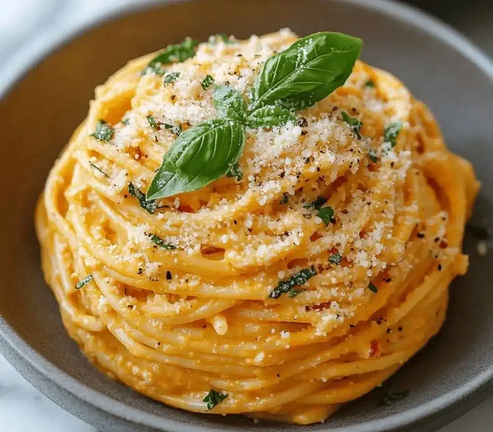 Delicious Italian Garlic Pasta topped with roasted tomatoes, herbs, and cheese