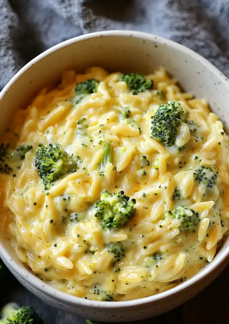 One pot broccoli cheese orzo dish with vibrant broccoli and cheesy orzo pasta