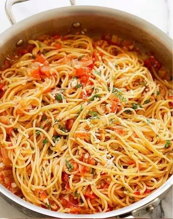 Delicious one pot pasta dish with fresh ingredients cooked in a single pot.