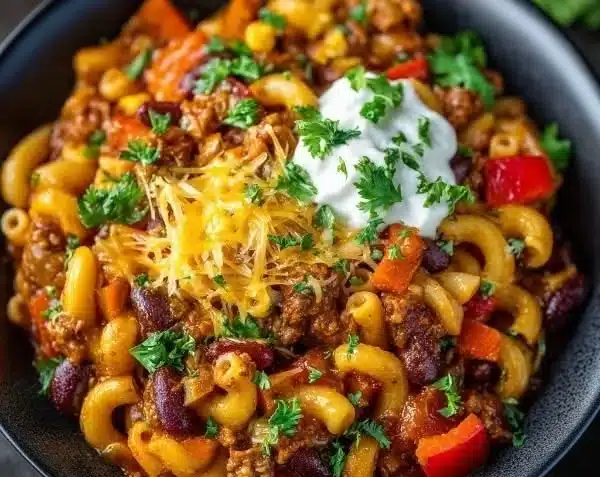 One pot vegetarian chili mac dish featuring lentils and rich flavors