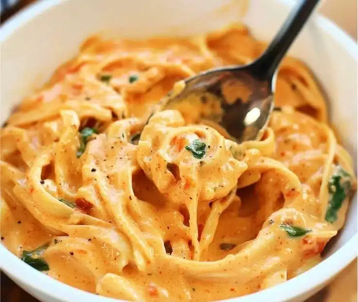 Pasta topped with red pepper sauce and cream cheese, garnished with spinach