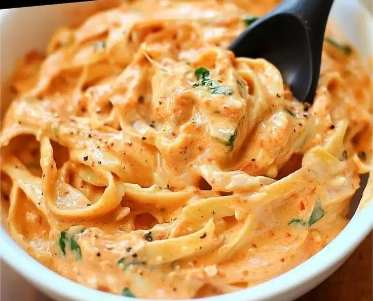 Pasta with Red Pepper Sauce and Cream Cheese | Red Pepper Alfredo Sauce with Spinach, Red Sauce Pasta Recipe, Easy Homemade Alfredo Sauce
