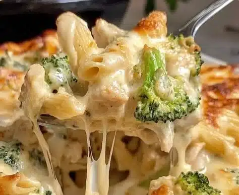 Delicious chicken broccoli pasta bake ready to serve on a dinner table