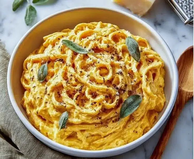 A delicious bowl of Pumpkin Cottage Cheese Pasta topped with herbs.