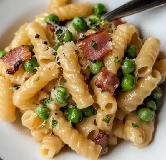 Quick and creamy penne pasta with peas and bacon in a bowl