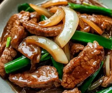 Delicious beef onion stir fry served on a plate with vegetables