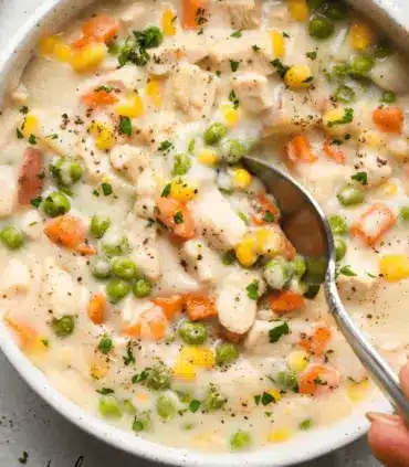 Delicious homemade slow cooker chicken pot pie soup prepared from scratch