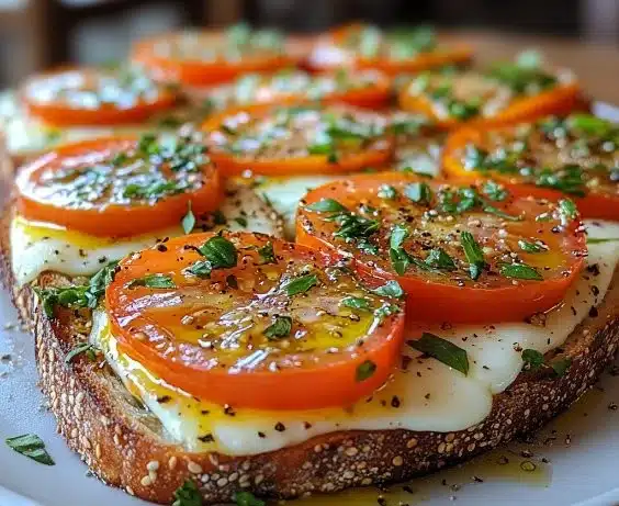 Tomato Basil Mozzarella Toast garnished with fresh basil and ripe tomatoes