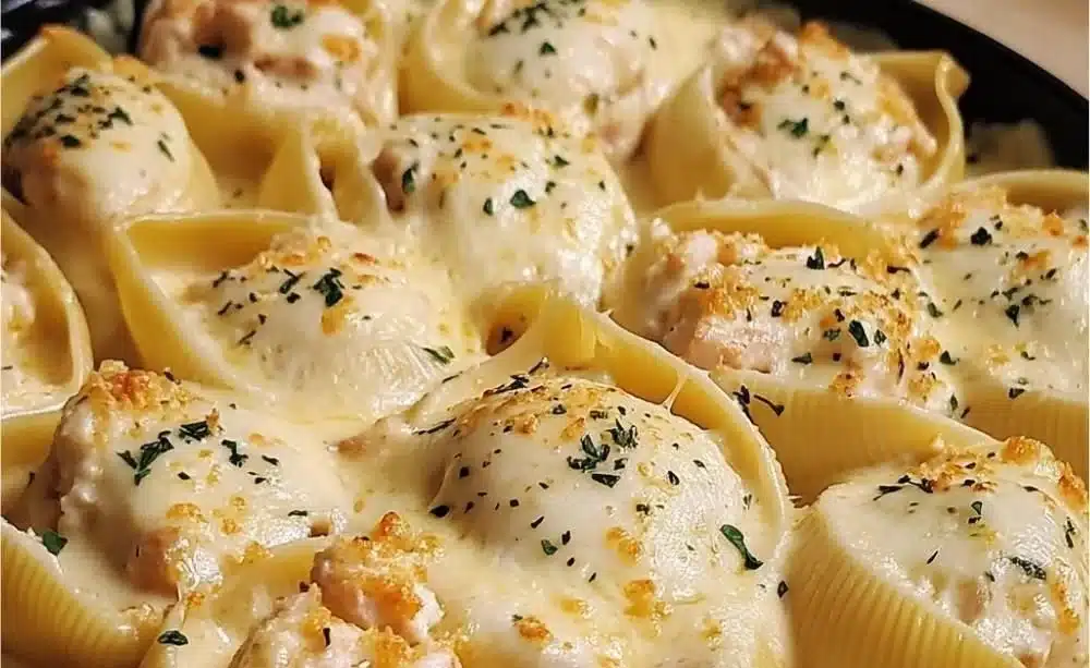 Delicious garlic butter chicken stuffed shells ready for a romantic Valentine's dinner